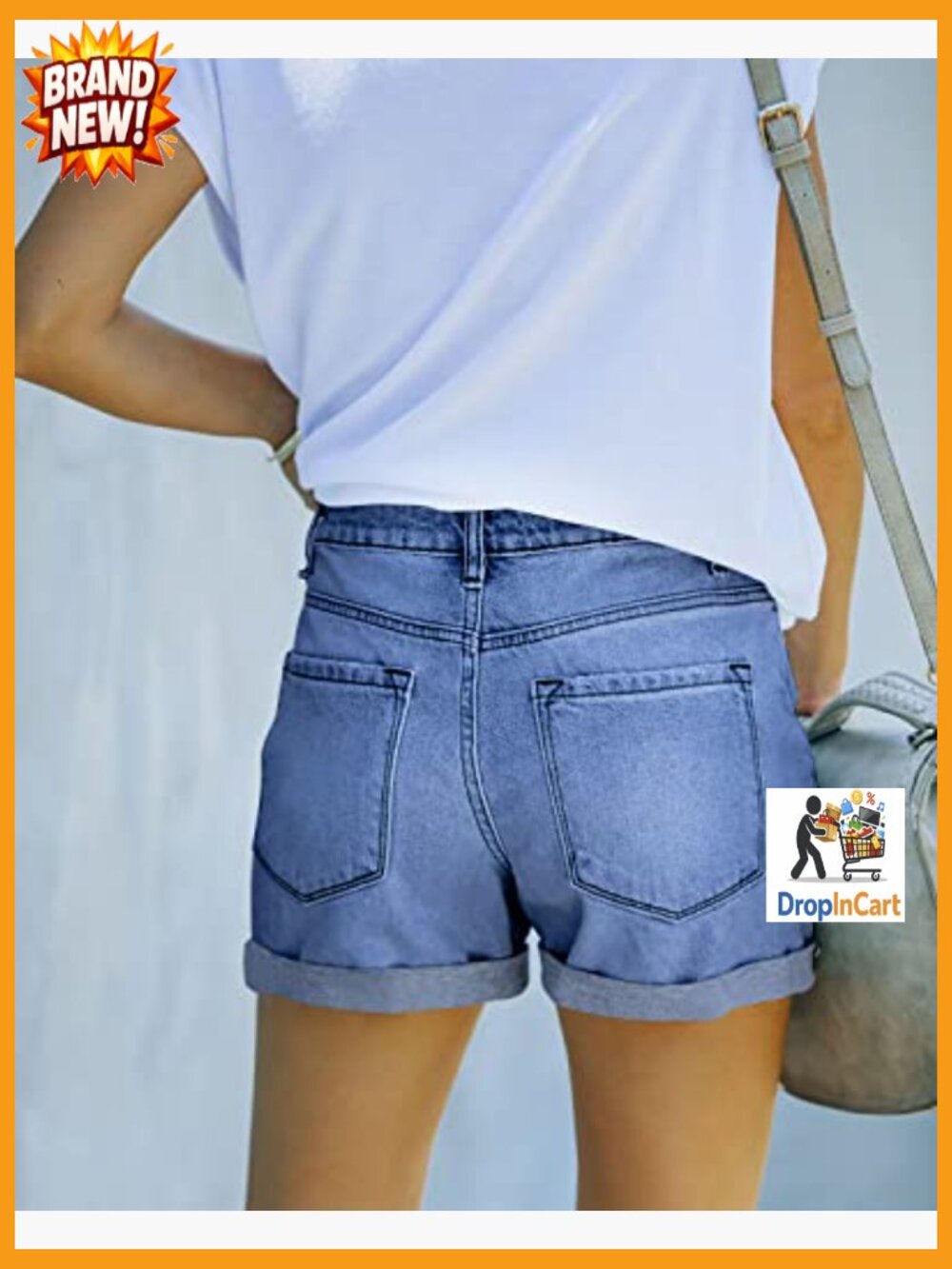 Mid Waisted Folded Hem Ripped Jean Shorts Casual Summer Denim Shorts - Picture 3 of 7